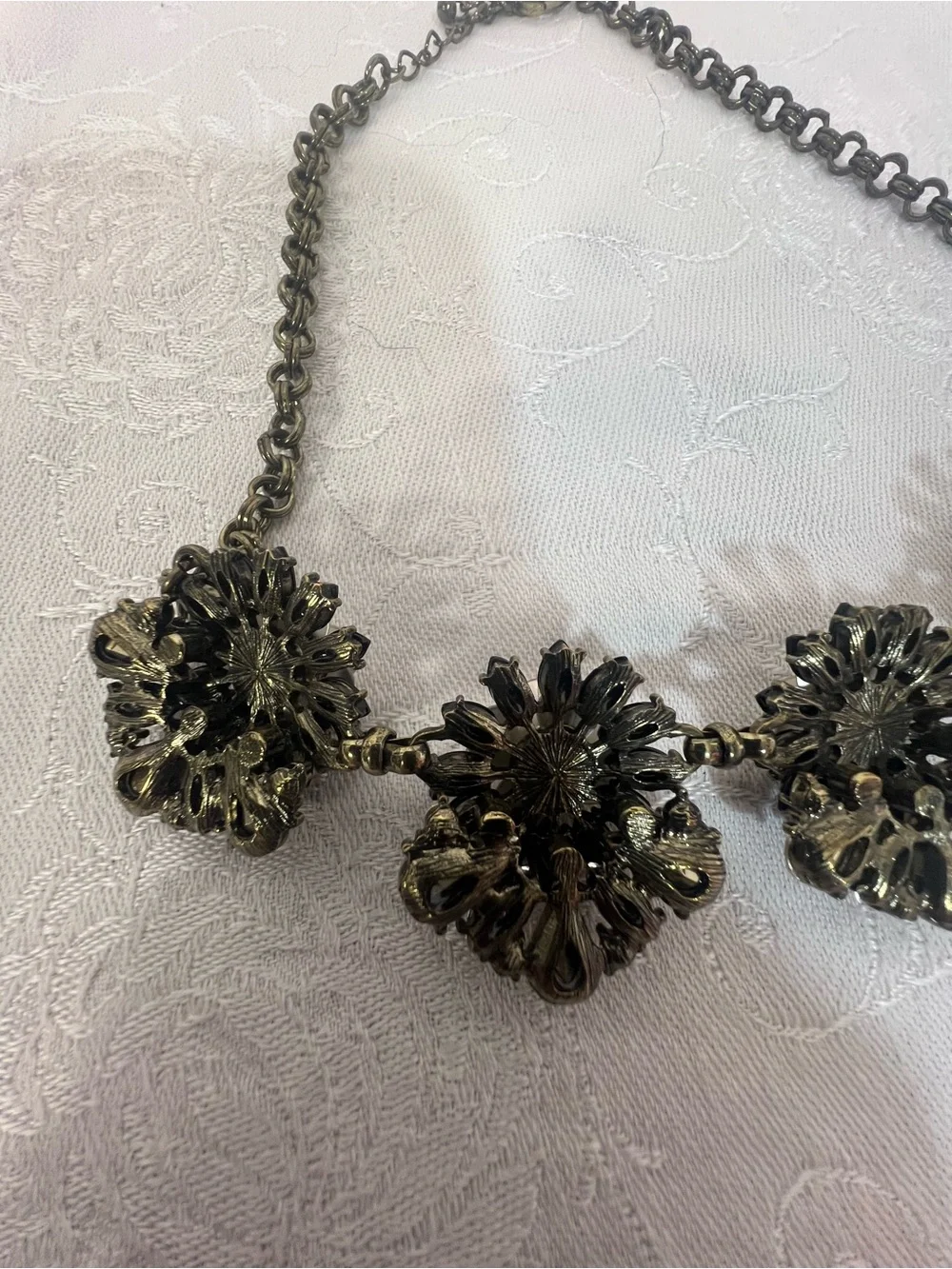 Vintage Necklace Flower Pendants White Enamel Petals Rhinestones Crystal Stones